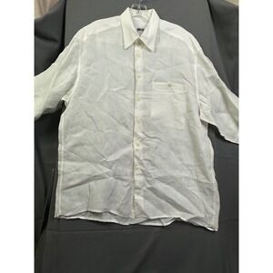 Lazo White Linen Button Down Shirt Men's Long Sleeve Made in Italy Chest Pocket